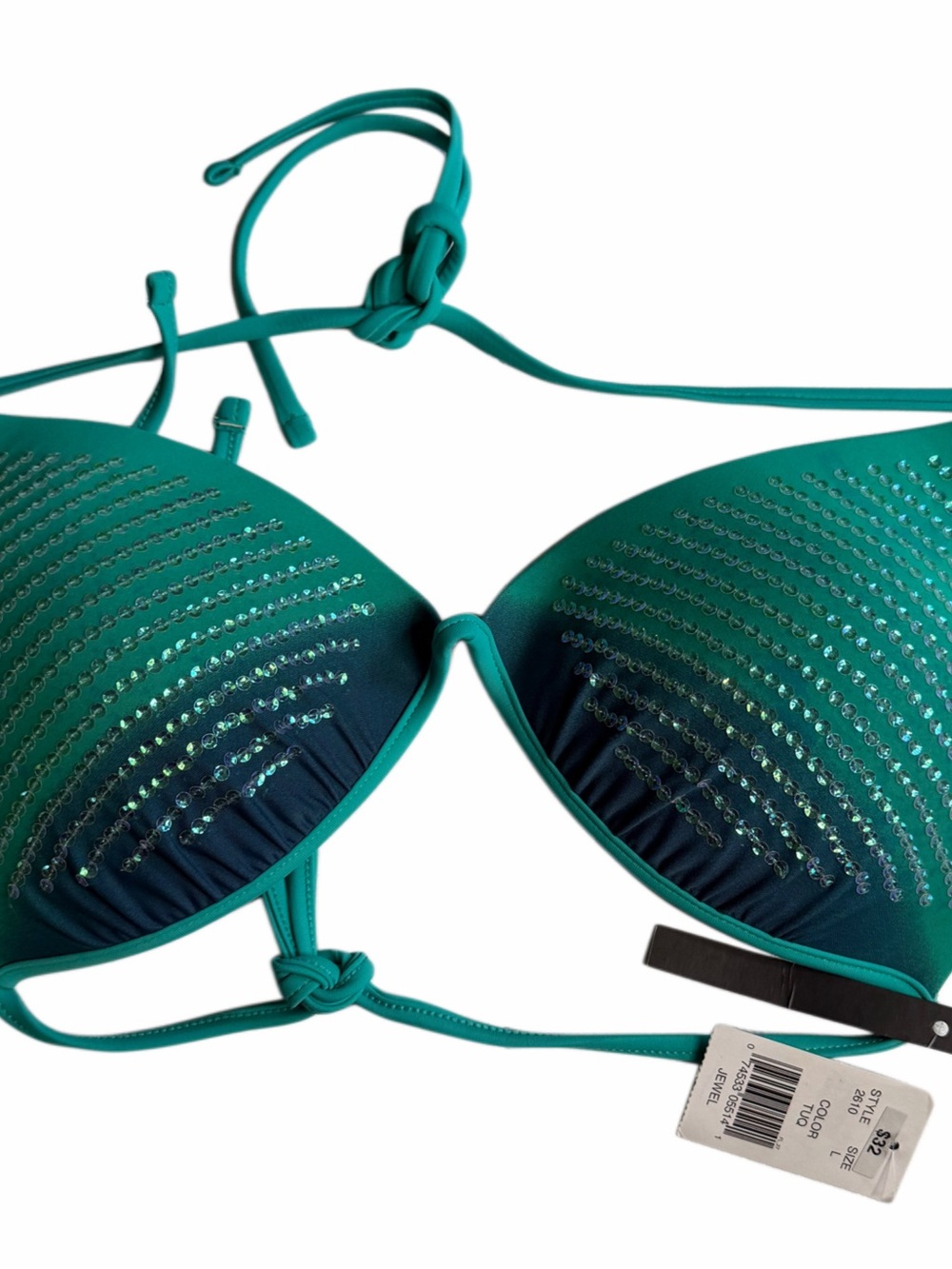NWT Ninety Six Degrees Turquoise Rhinestone Push Up Bikini Top Size Large